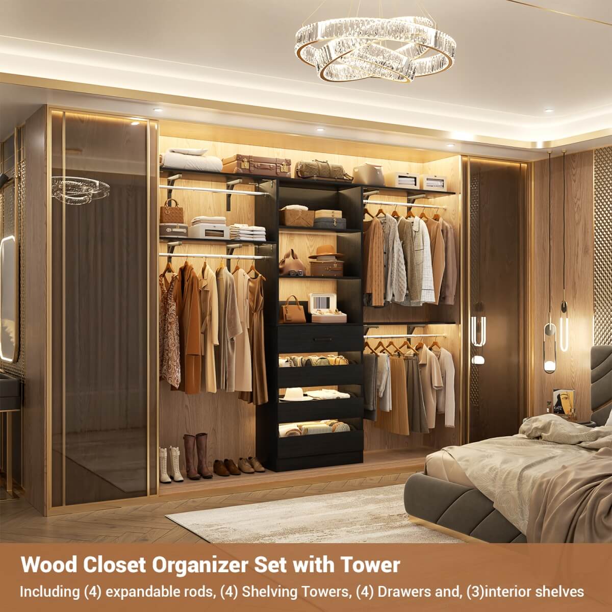 4-9FT Walk-in Closet System with 4 Drawers & Hanging Rods