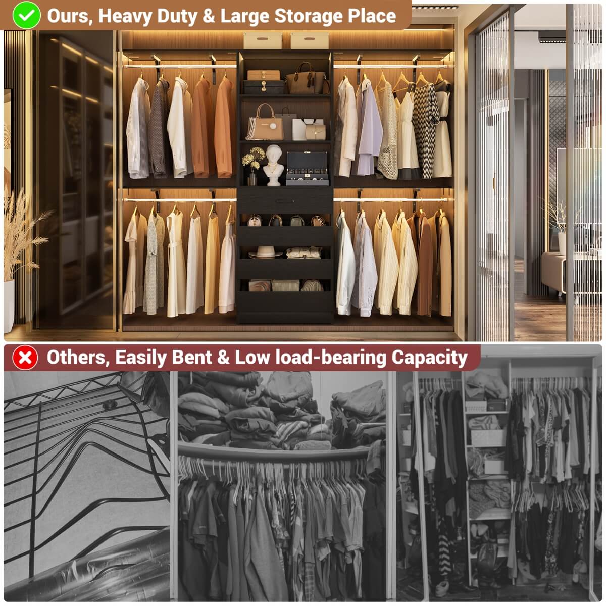 4-9FT Walk-in Closet System with 4 Drawers & Hanging Rods