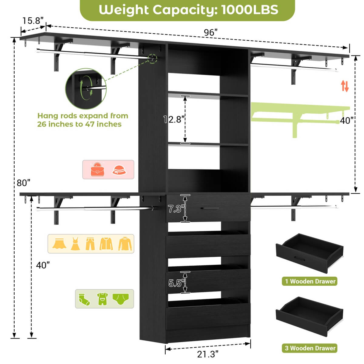 4-9FT Walk-in Closet System with 4 Drawers & Hanging Rods