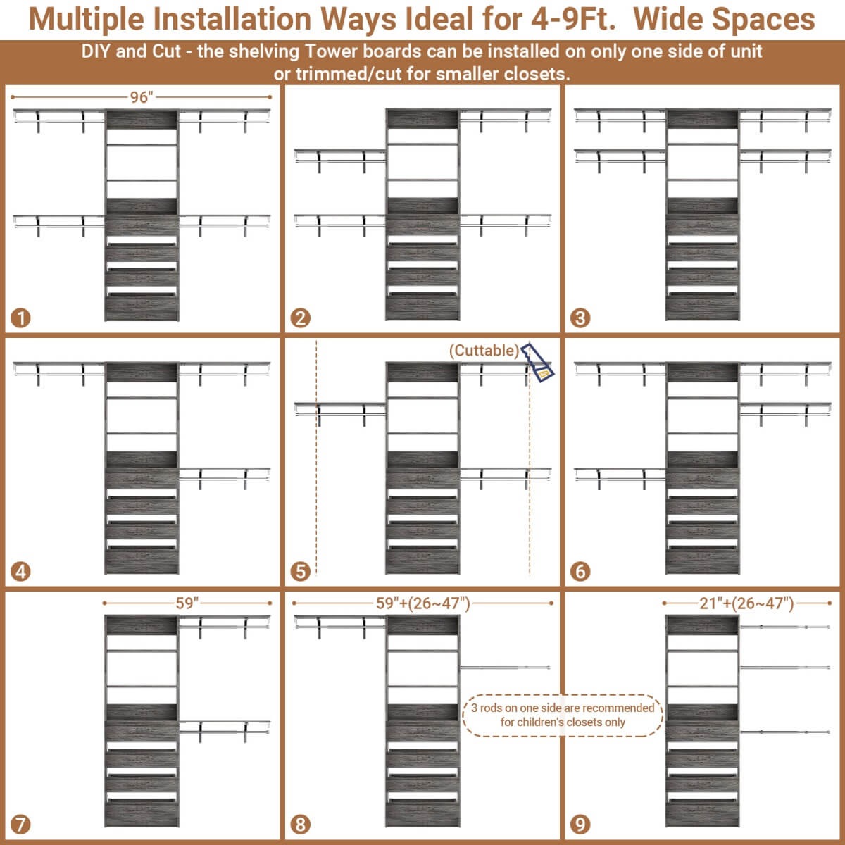 4-9FT Walk-in Closet System with 4 Drawers & Hanging Rods