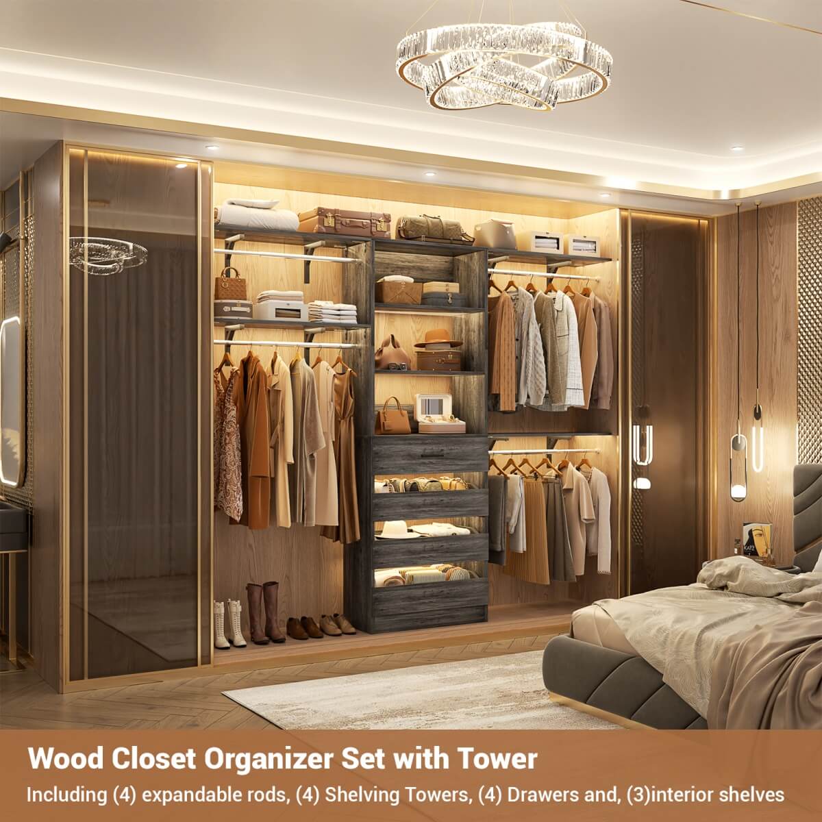 4-9FT Walk-in Closet System with 4 Drawers & Hanging Rods