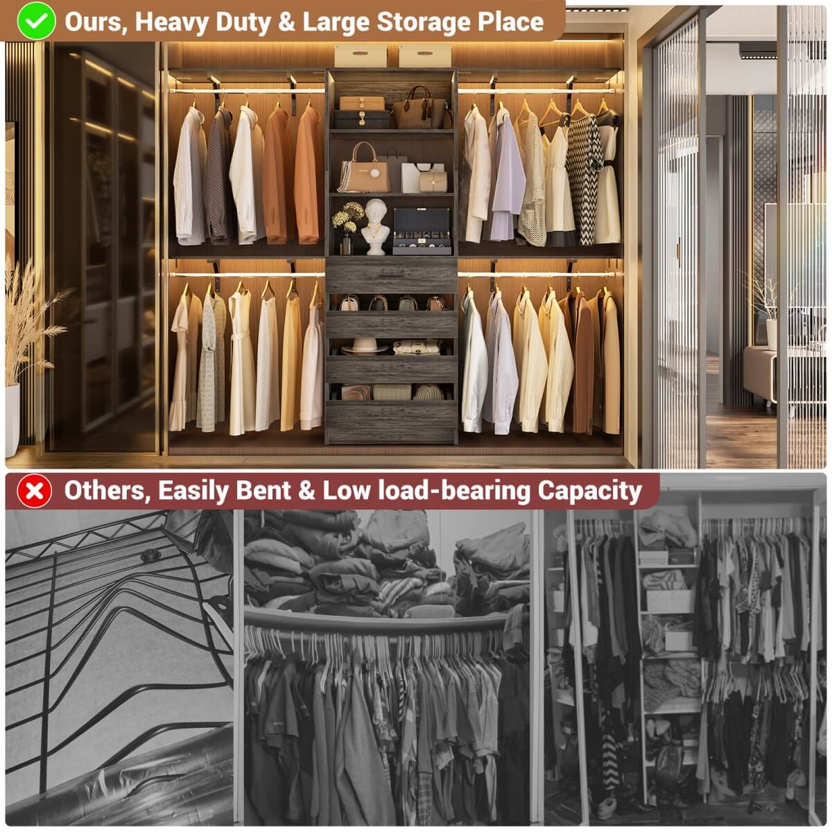 4-9FT Walk-in Closet System with 4 Drawers & Hanging Rods