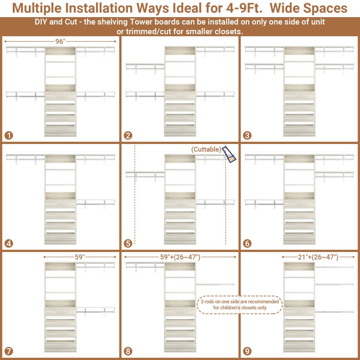 4-9FT Walk-in Closet System with 4 Drawers & Hanging Rods