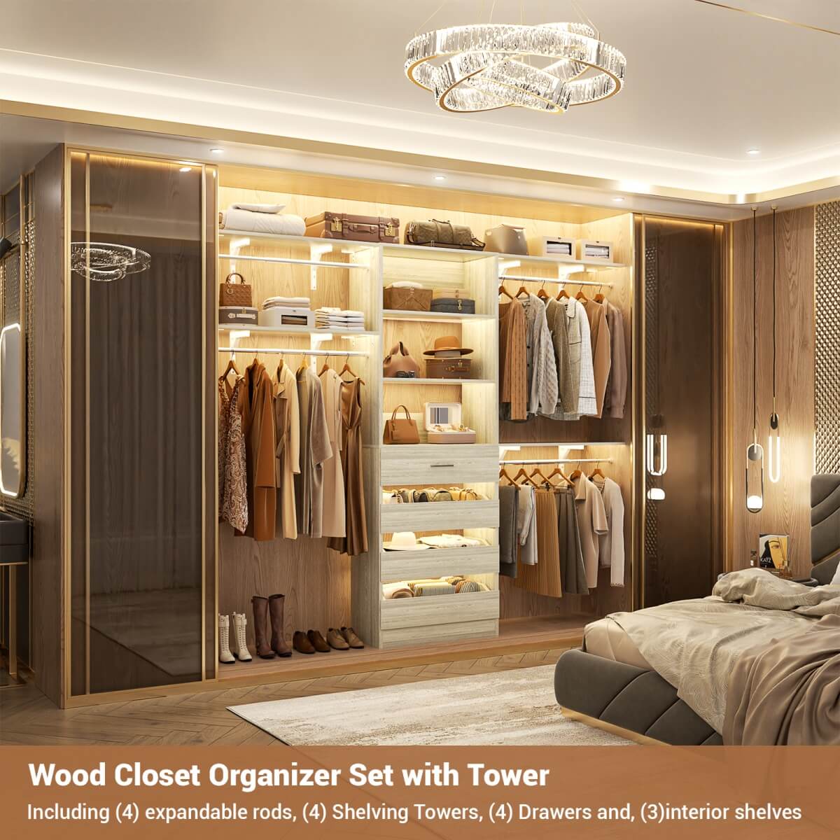 4-9FT Walk-in Closet System with 4 Drawers & Hanging Rods