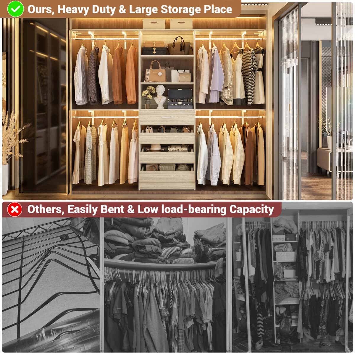 4-9FT Walk-in Closet System with 4 Drawers & Hanging Rods