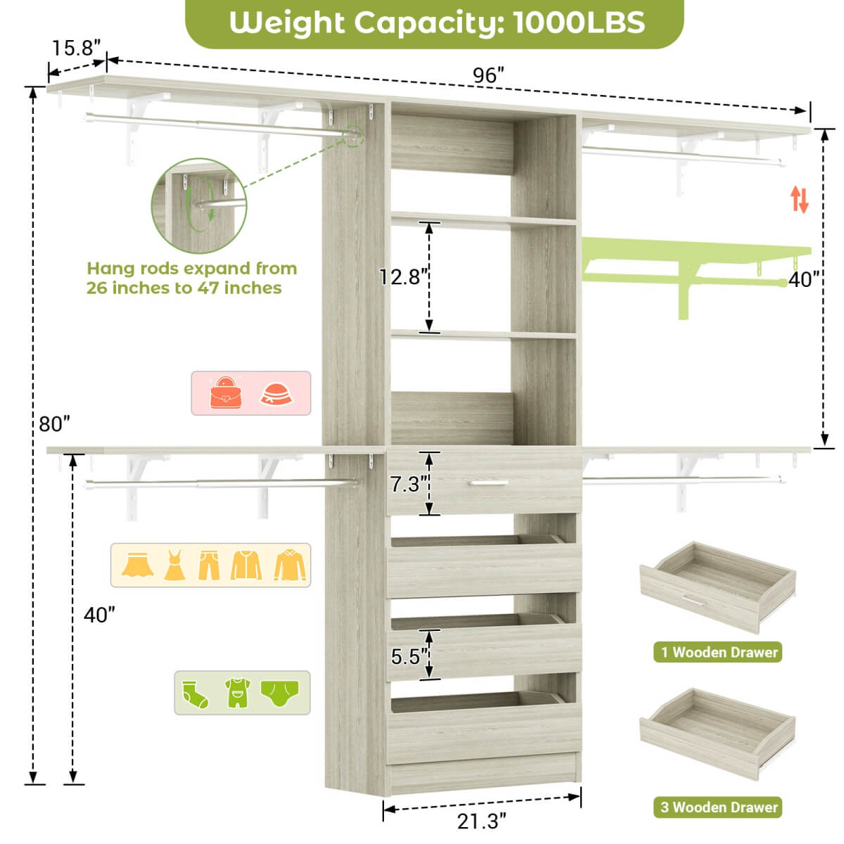 4-9FT Walk-in Closet System with 4 Drawers & Hanging Rods