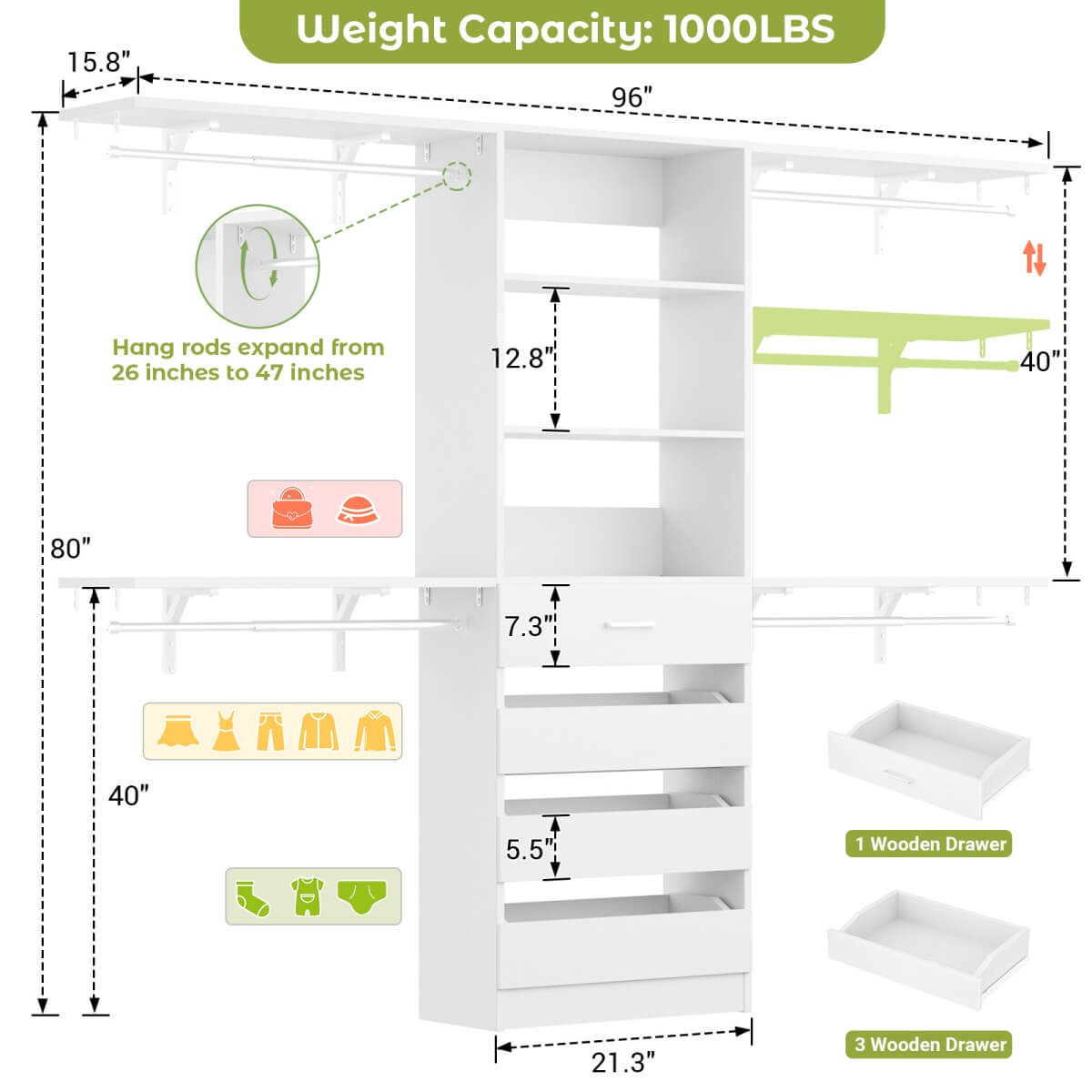 4-9FT Walk-in Closet System with 4 Drawers & Hanging Rods