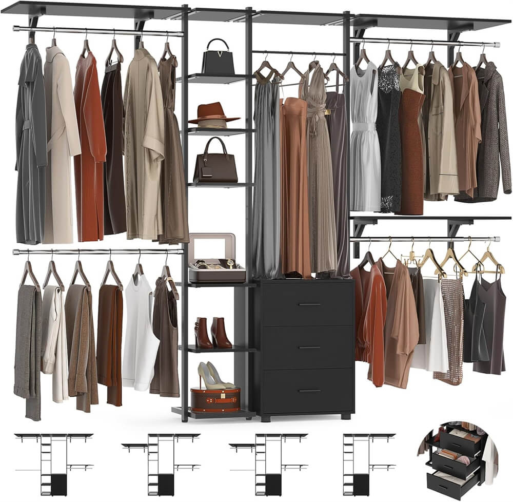 96 Inch Closet System with Drawers, Clothes Hanging Rack with Hanging Rods & Shelves, Wall Mounted, Heavy Duty