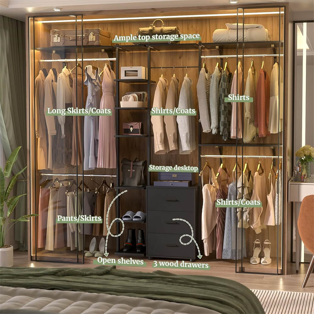 96 Inch Closet System with Drawers, Clothes Hanging Rack with Hanging Rods & Shelves, Wall Mounted, Heavy Duty