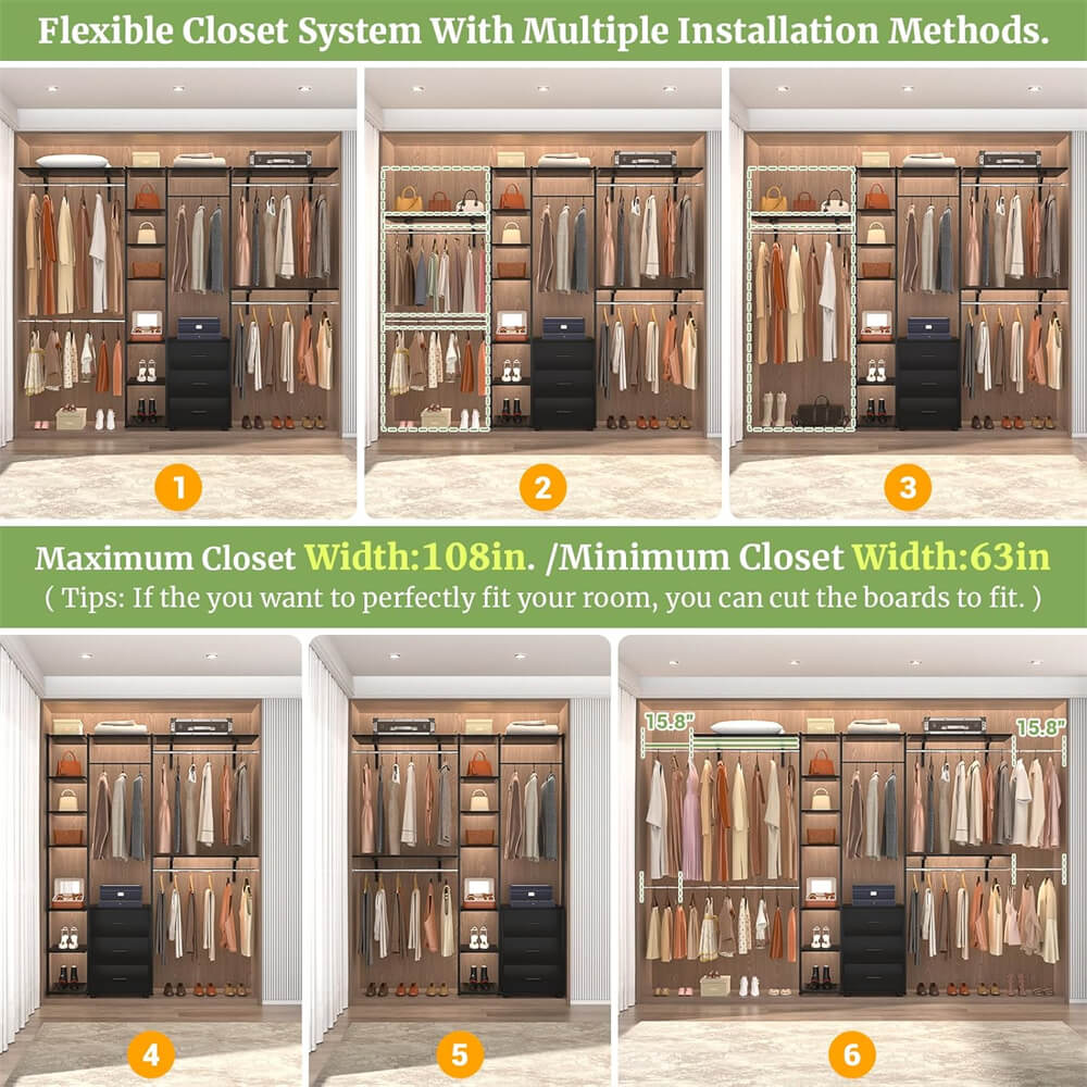 96 Inch Closet System with Drawers, Clothes Hanging Rack with Hanging Rods & Shelves, Wall Mounted, Heavy Duty