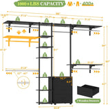 96 Inch Closet System with Drawers, Clothes Hanging Rack with Hanging Rods & Shelves, Wall Mounted, Heavy Duty