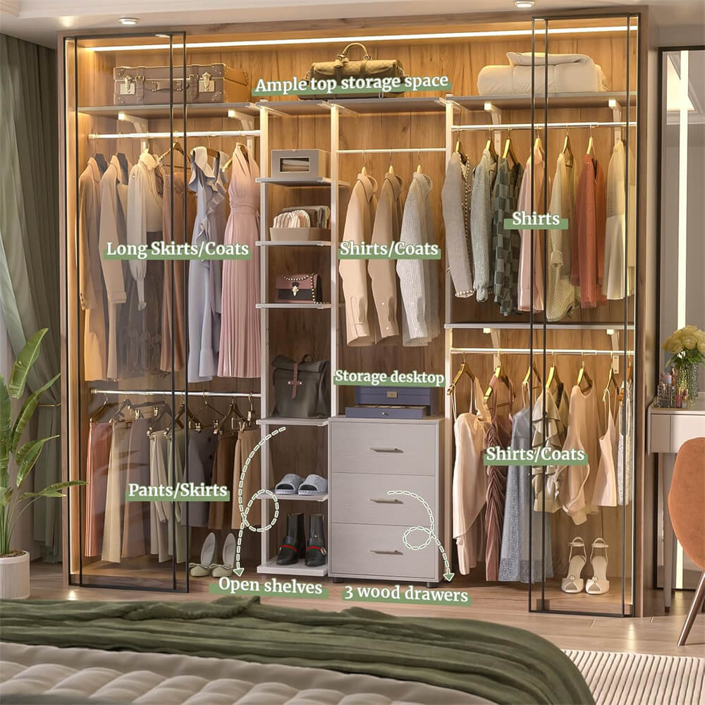 96 Inch Closet System with Drawers, Clothes Hanging Rack with Hanging Rods & Shelves, Wall Mounted, Heavy Duty