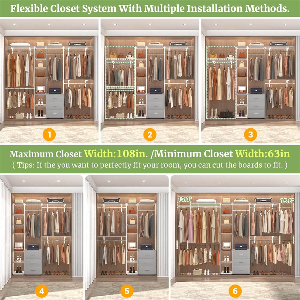 96 Inch Closet System with Drawers, Clothes Hanging Rack with Hanging Rods & Shelves, Wall Mounted, Heavy Duty