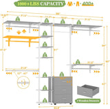 96 Inch Closet System with Drawers, Clothes Hanging Rack with Hanging Rods & Shelves, Wall Mounted, Heavy Duty