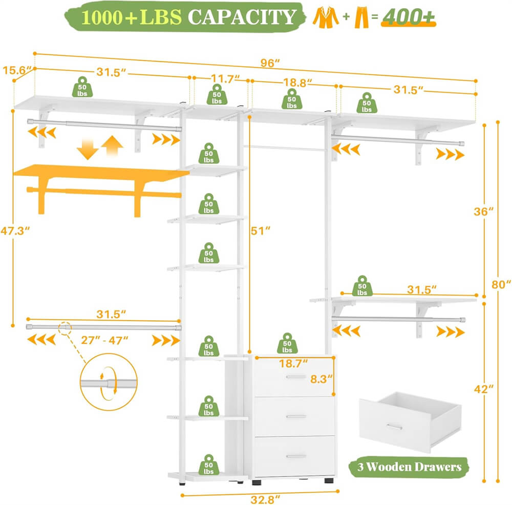 96 Inch Closet System with Drawers, Clothes Hanging Rack with Hanging Rods & Shelves, Wall Mounted, Heavy Duty