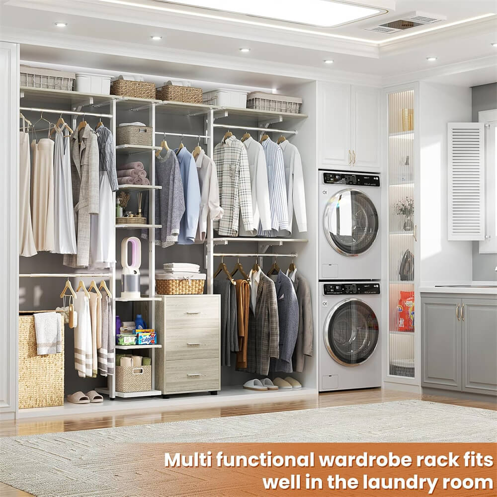 96 Inch Closet System with Drawers, Clothes Hanging Rack with Hanging Rods & Shelves, Wall Mounted, Heavy Duty