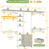 96 Inch Closet System with Drawers, Clothes Hanging Rack with Hanging Rods & Shelves, Wall Mounted, Heavy Duty