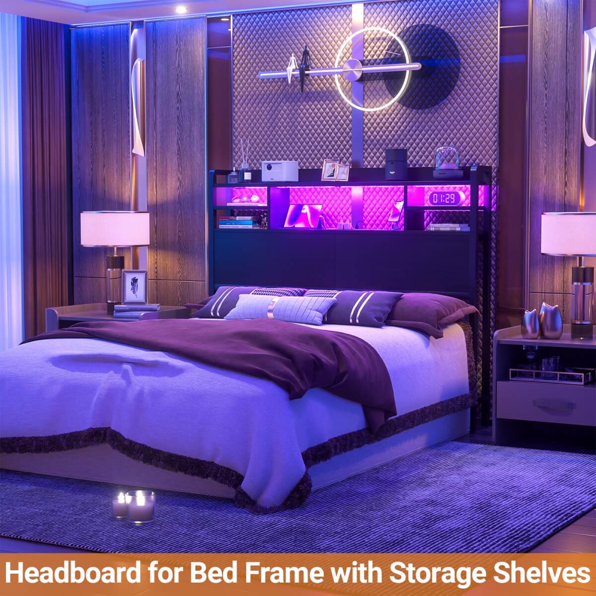 Full Size Headboard with Storage Shelf for Full Size Bed, with Power Outlets & LED Light