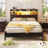 Full Size Headboard with Storage Shelf for Full Size Bed, with Power Outlets & LED Light