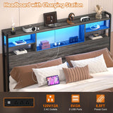 Full Size Headboard with Storage Shelf for Full Size Bed, with Power Outlets & LED Light