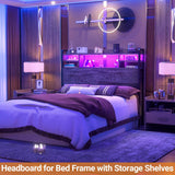 Full Size Headboard with Storage Shelf for Full Size Bed, with Power Outlets & LED Light