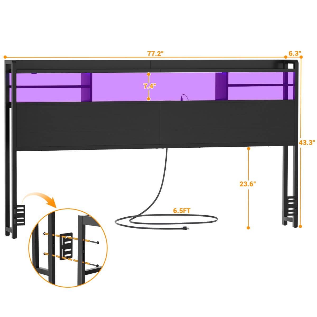 King Size Headboard with Storage Shelf for King Size Bed, with Power Outlets & LED Light