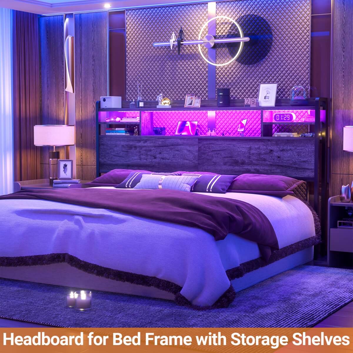 King Size Headboard with Storage Shelf for King Size Bed, with Power Outlets & LED Light