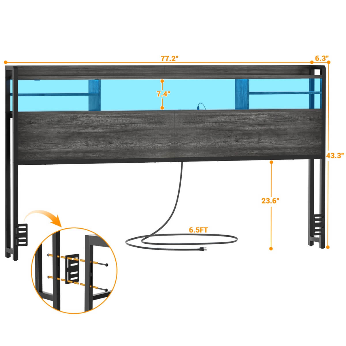 King Size Headboard with Storage Shelf for King Size Bed, with Power Outlets & LED Light