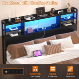 Queen Size Headboard with Storage Shelf for Queen Size Bed, with Power Outlets & LED Light