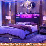 Queen Size Headboard with Storage Shelf for Queen Size Bed, with Power Outlets & LED Light