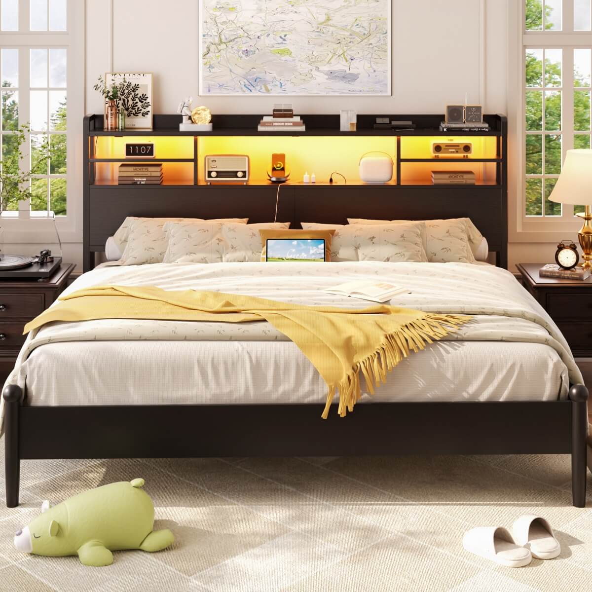 Queen Size Headboard with Storage Shelf for Queen Size Bed, with Power Outlets & LED Light