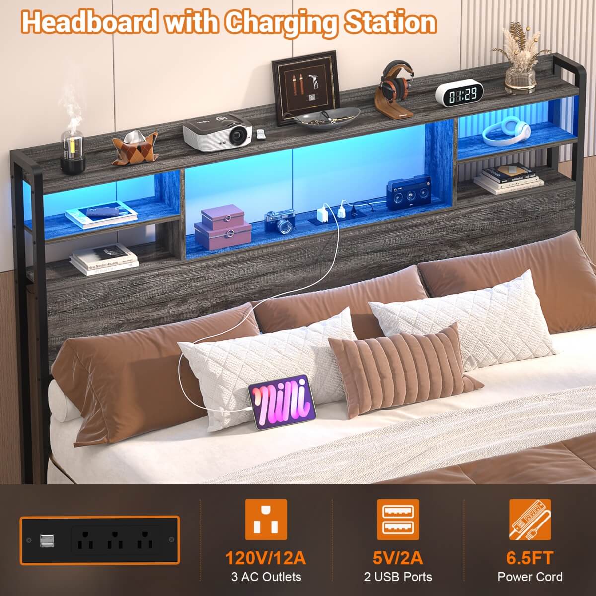 Queen Size Headboard with Storage Shelf for Queen Size Bed, with Power Outlets & LED Light