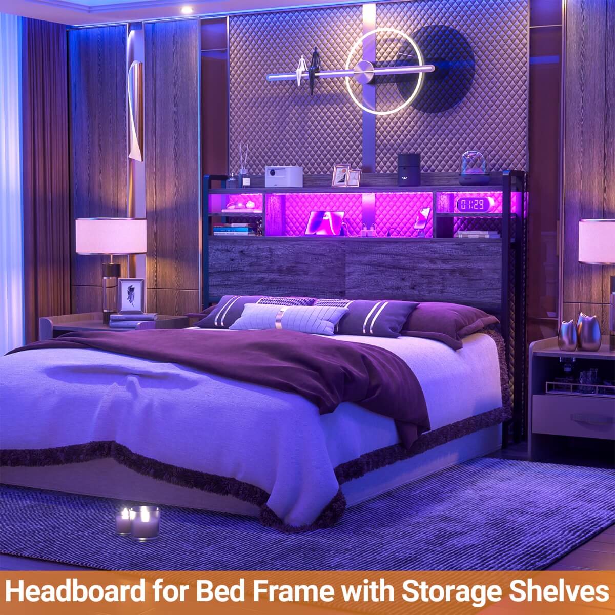 Queen Size Headboard with Storage Shelf for Queen Size Bed, with Power Outlets & LED Light