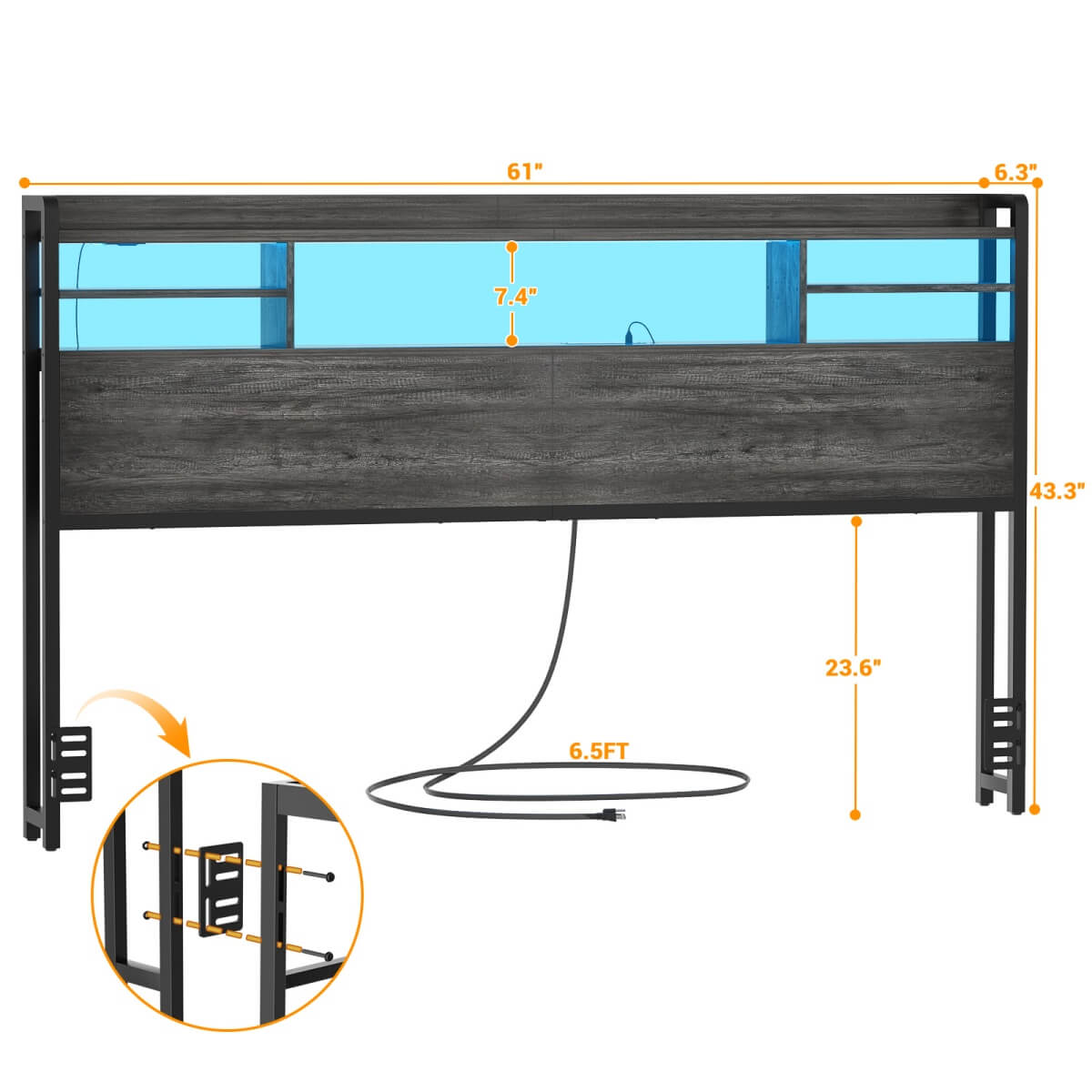 Queen Size Headboard with Storage Shelf for Queen Size Bed, with Power Outlets & LED Light