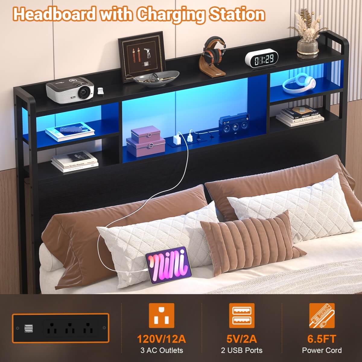 Twin Size Headboard with Storage Shelf for Twin Size Bed, with Power Outlets & LED Light