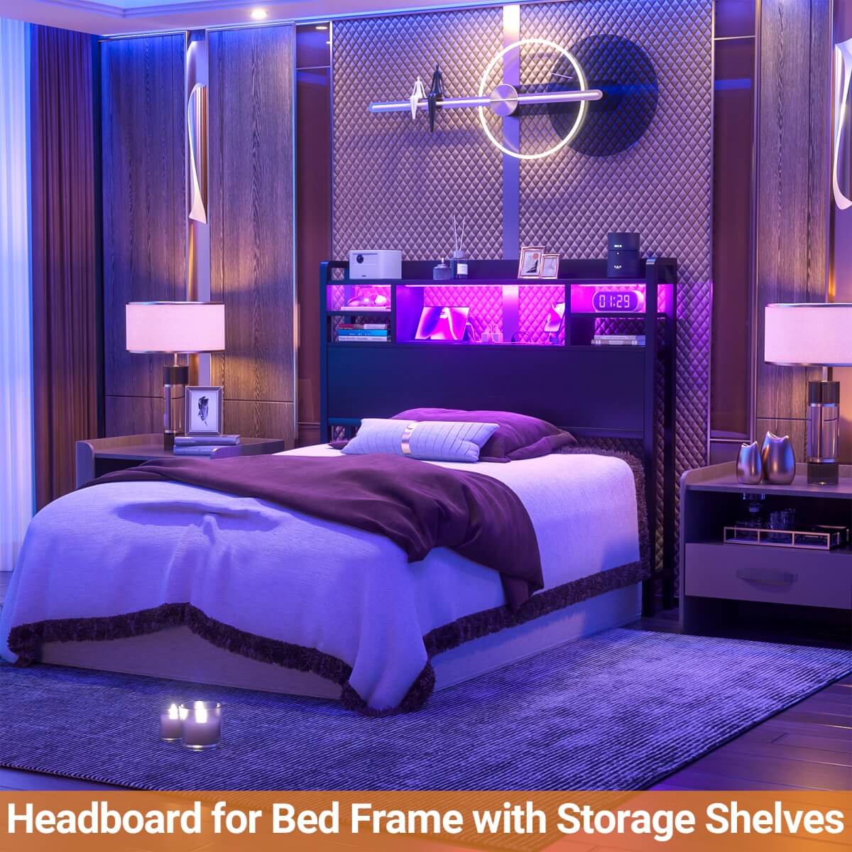 Twin Size Headboard with Storage Shelf for Twin Size Bed, with Power Outlets & LED Light