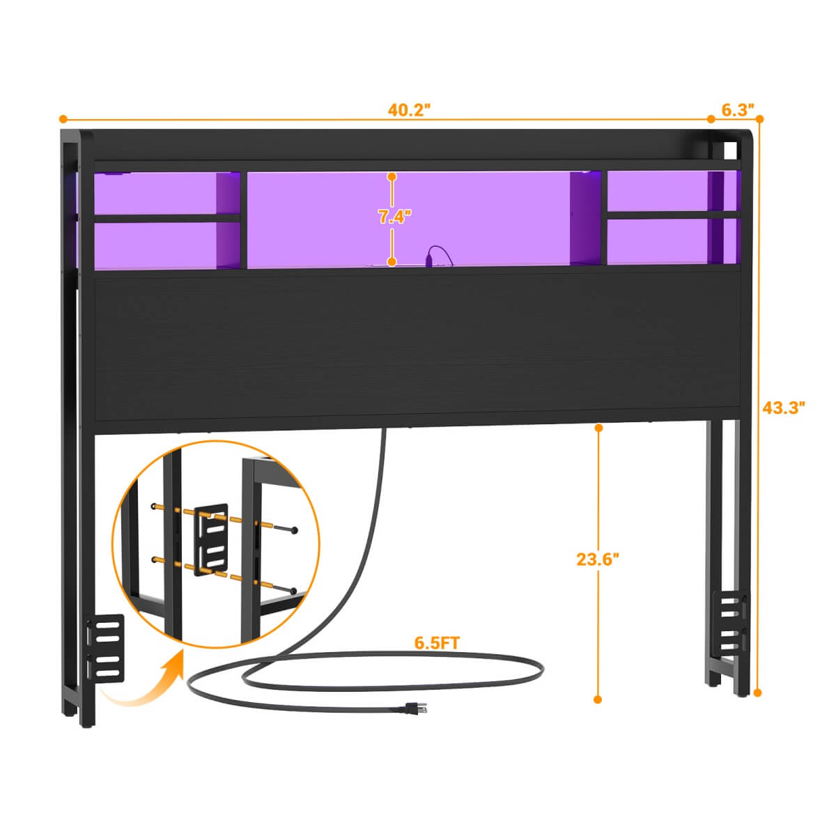 Twin Size Headboard with Storage Shelf for Twin Size Bed, with Power Outlets & LED Light