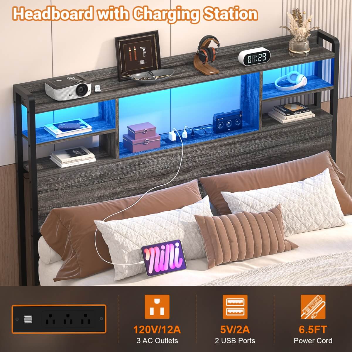 Twin Size Headboard with Storage Shelf for Twin Size Bed, with Power Outlets & LED Light