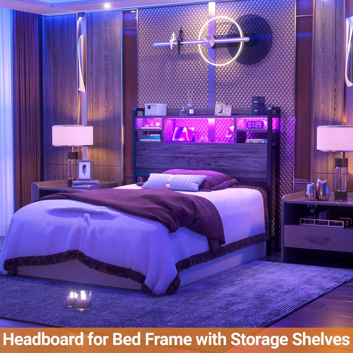 Twin Size Headboard with Storage Shelf for Twin Size Bed, with Power Outlets & LED Light