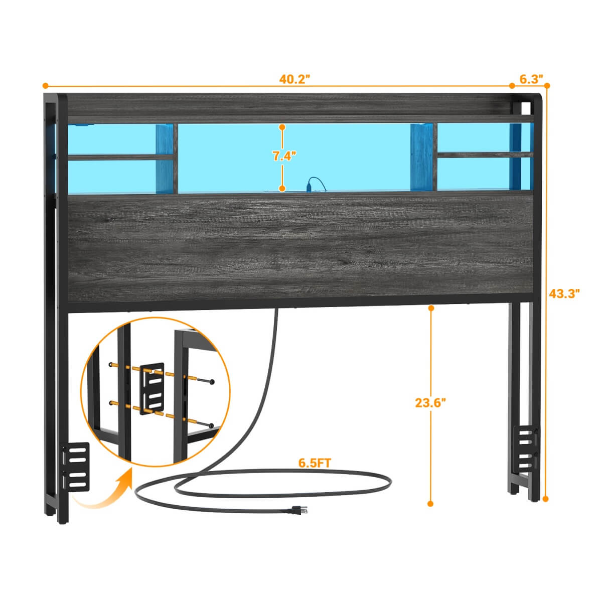 Twin Size Headboard with Storage Shelf for Twin Size Bed, with Power Outlets & LED Light