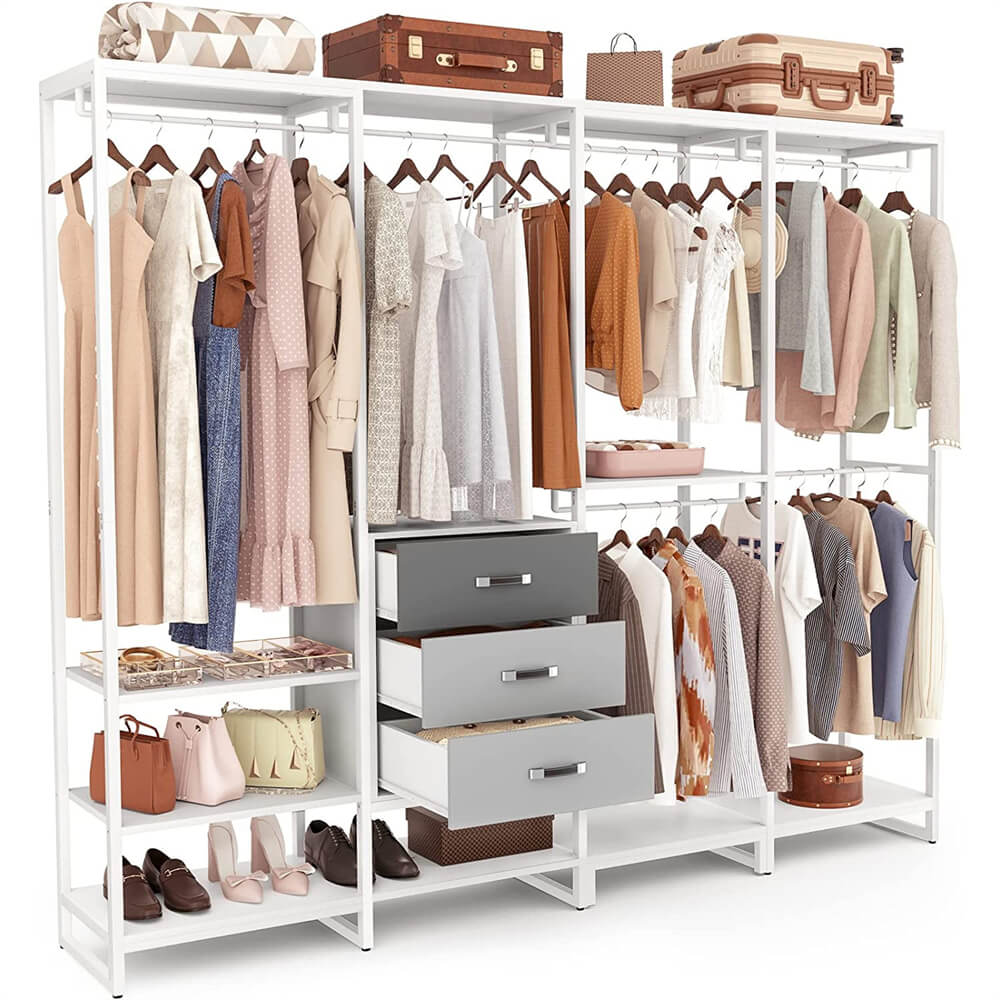 Unikito Clothes Rack Wardrobe Closet for Hanging Clothes Heavy Duty Garment Rack, Large Corner L Shaped Closet System Organizers Walk-in Closet for Bedroom with 11 Shelves, 3 Wood Drawers