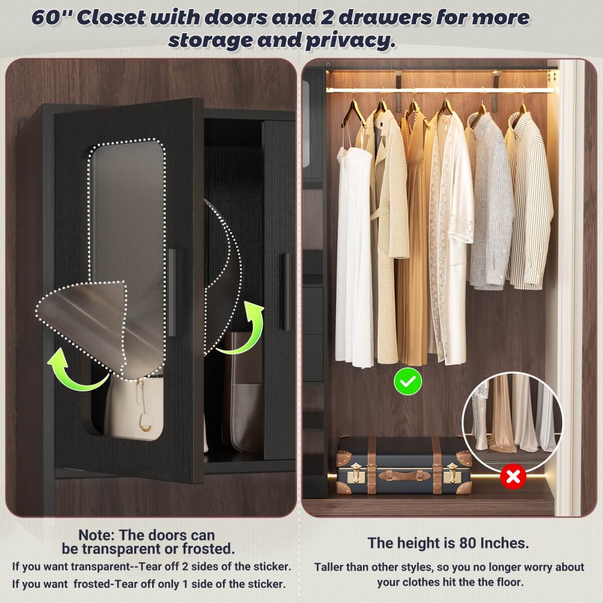 5FT Walk-in Closet System with Drawers & Doors, 60'' Wardrobe Closet with Hanging Rod, for Bedroom, Closet