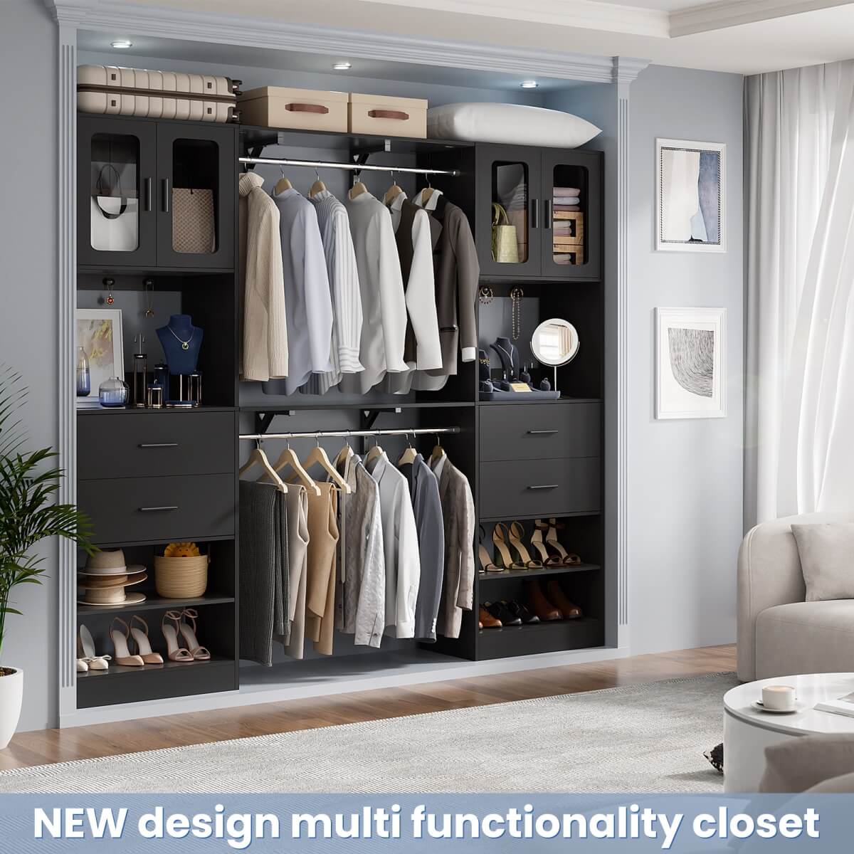 5FT Walk-in Closet System with Drawers & Doors, 60'' Wardrobe Closet with Hanging Rod, for Bedroom, Closet