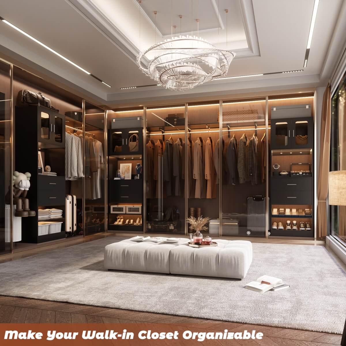 5FT Walk-in Closet System with Drawers & Doors, 60'' Wardrobe Closet with Hanging Rod, for Bedroom, Closet