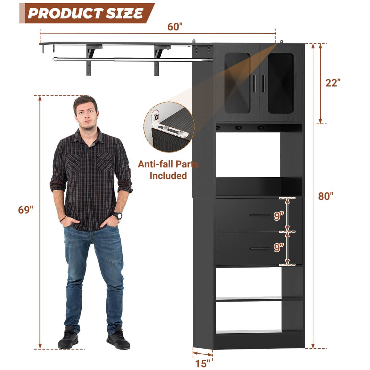 5FT Walk-in Closet System with Drawers & Doors, 60'' Wardrobe Closet with Hanging Rod, for Bedroom, Closet