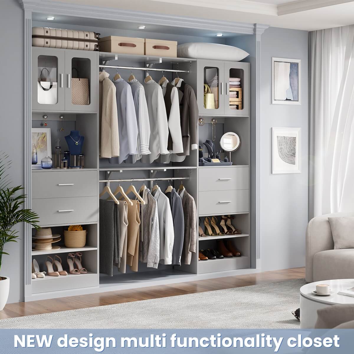 5FT Walk-in Closet System with Drawers & Doors, 60'' Wardrobe Closet with Hanging Rod, for Bedroom, Closet