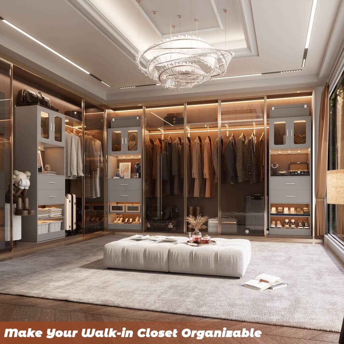 5FT Walk-in Closet System with Drawers & Doors, 60'' Wardrobe Closet with Hanging Rod, for Bedroom, Closet