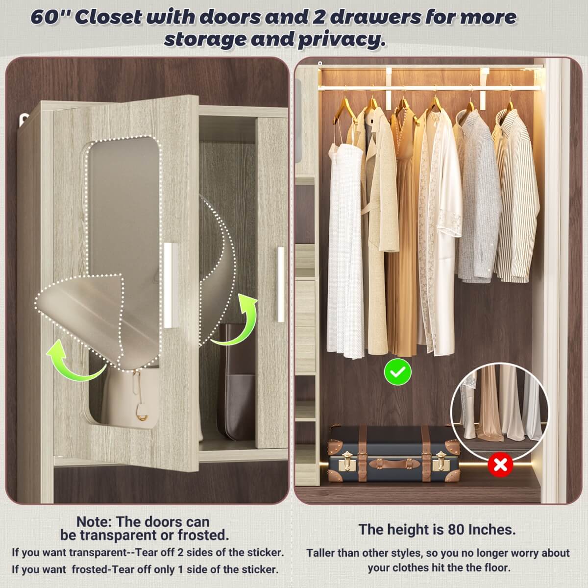 5FT Walk-in Closet System with Drawers & Doors, 60'' Wardrobe Closet with Hanging Rod, for Bedroom, Closet