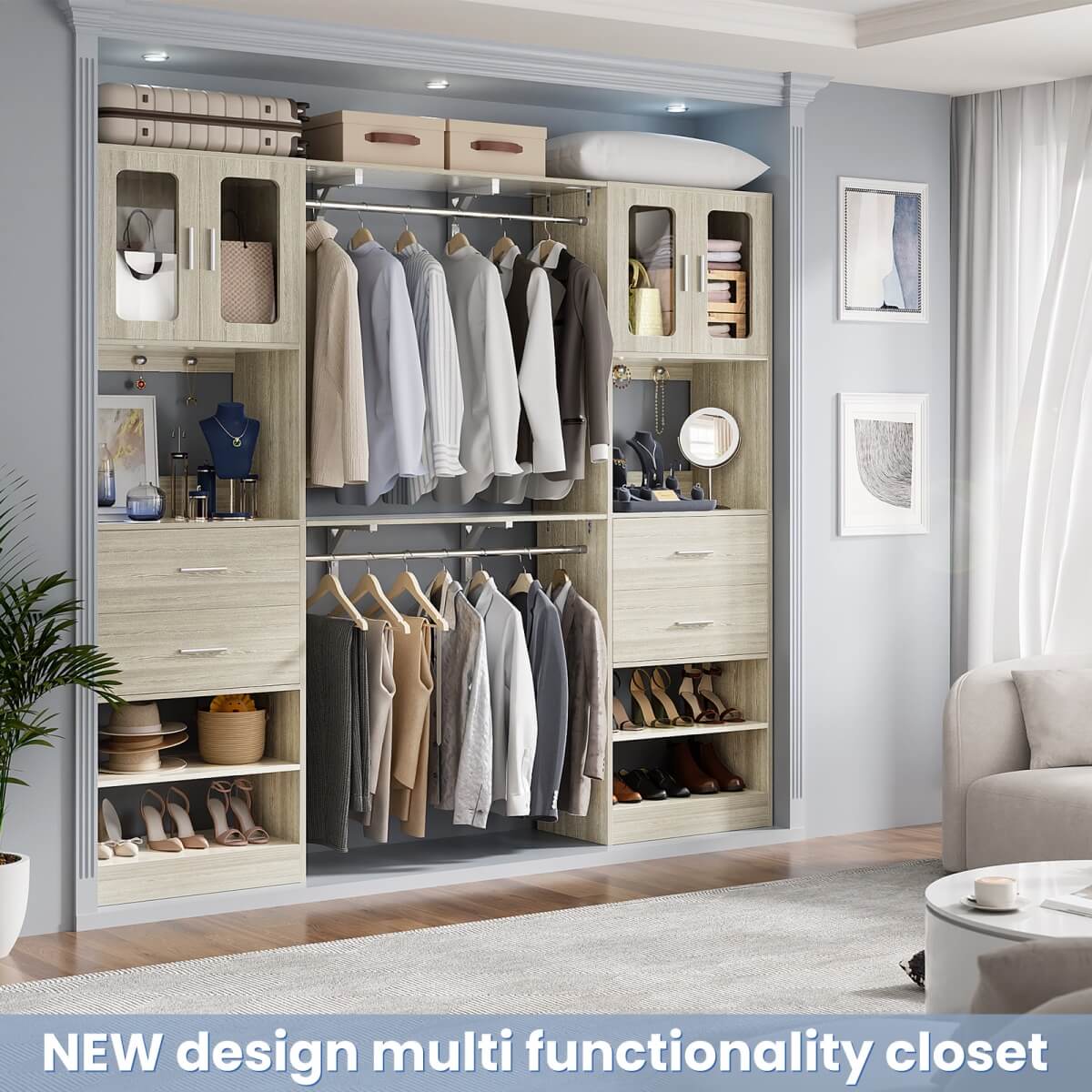 5FT Walk-in Closet System with Drawers & Doors, 60'' Wardrobe Closet with Hanging Rod, for Bedroom, Closet