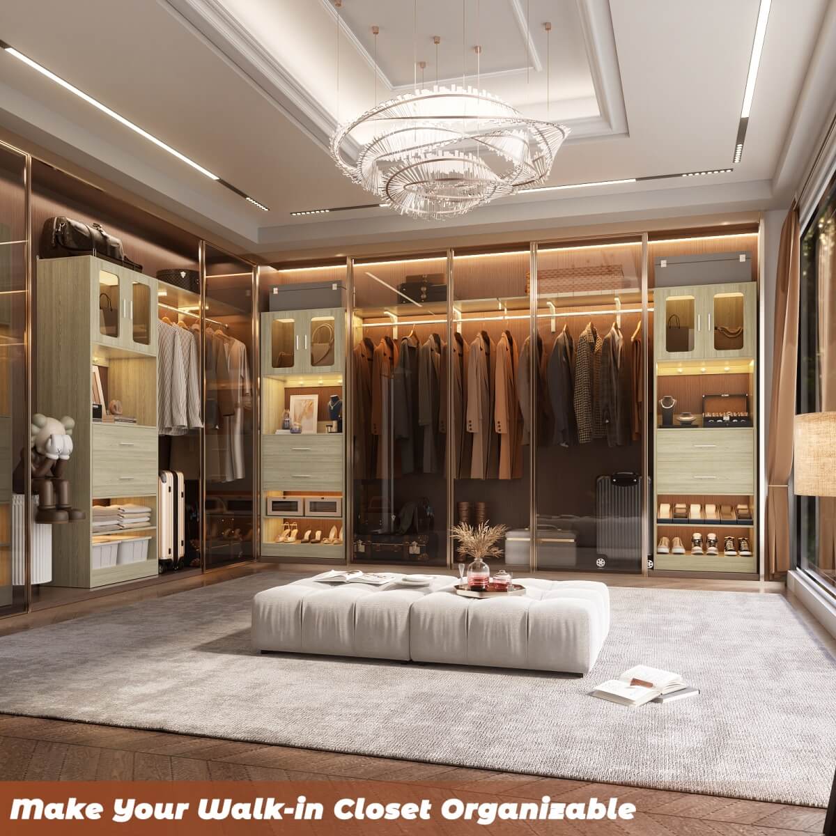 5FT Walk-in Closet System with Drawers & Doors, 60'' Wardrobe Closet with Hanging Rod, for Bedroom, Closet